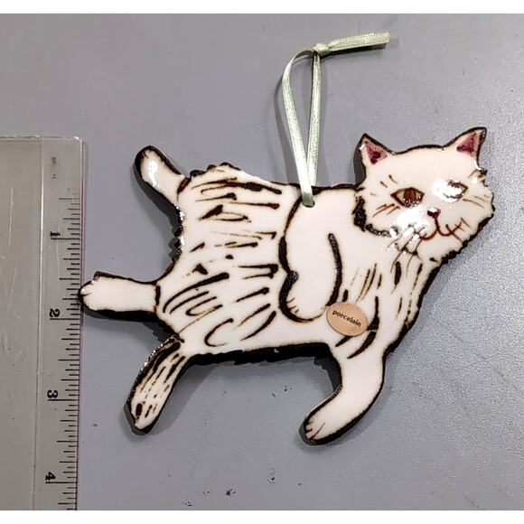 VTG Norman Pottery Porcelain Handpainted Cat Kitten Ornament Signed Off-White - Picture 5 of 7